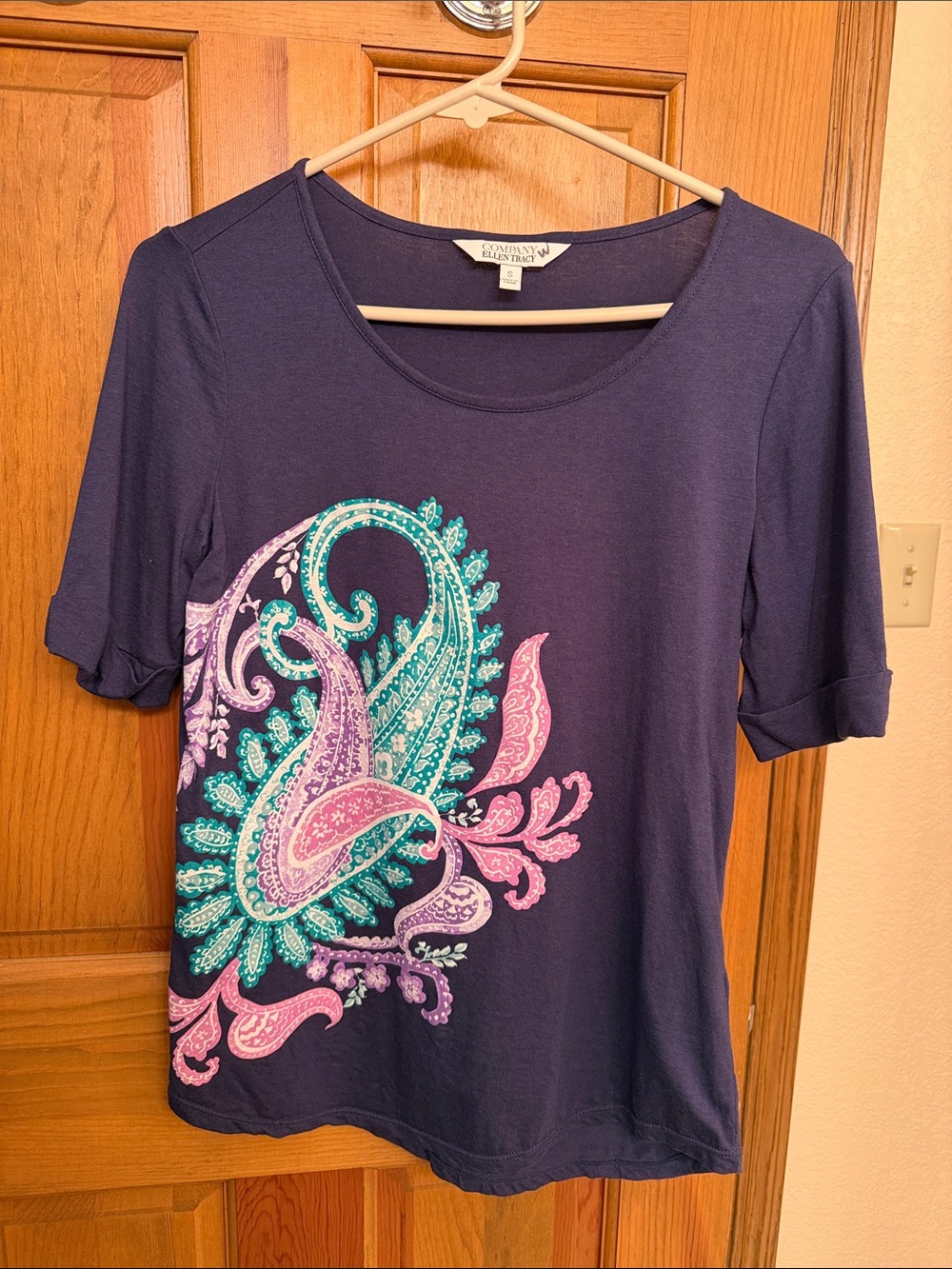 Ellen Tracy Navy Short-Sleeve Tee with Teal & Pink Paisley